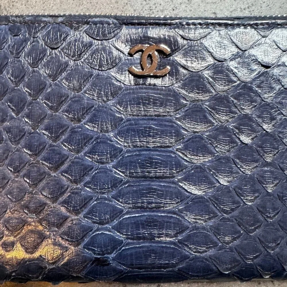 Chanel Blue Exotic Python Leather Wallet Navy Zippy Luxury Designer SHW